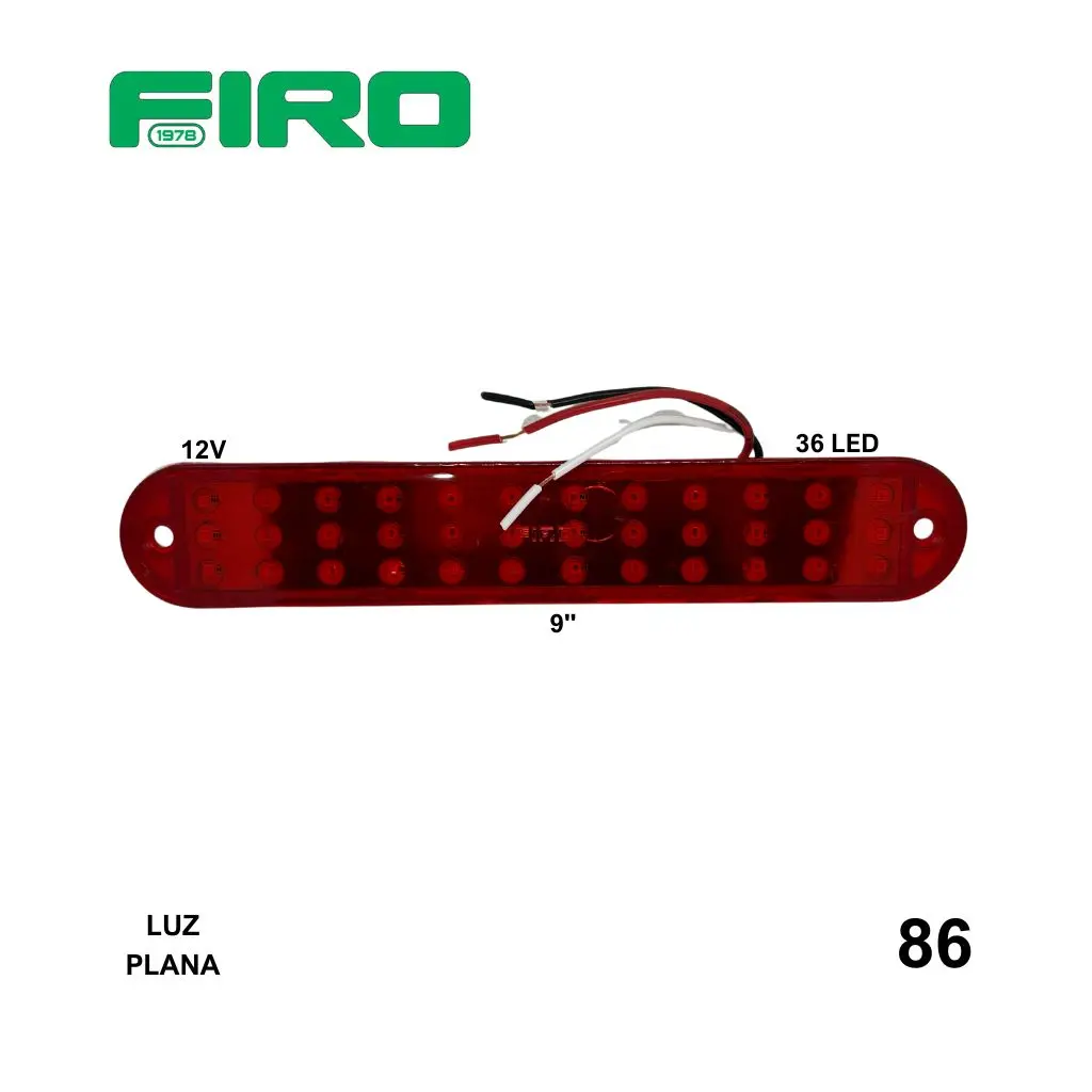 LUZ PLANA 9" 12V 36 LED ROJO OVALADO =86+ =86X