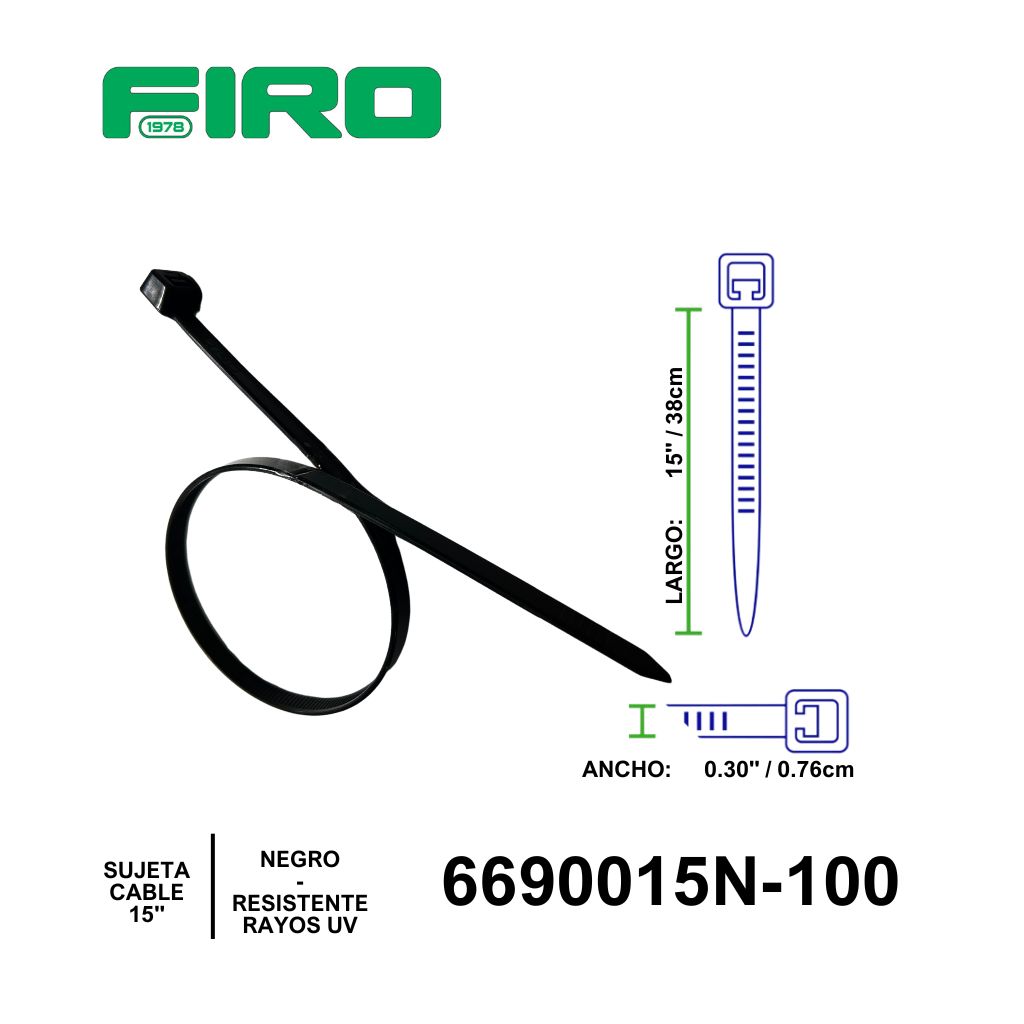 SUJETA CABLE 15" X .30" + GRUESO NYLON NEGRO RESISTE RAYOS V