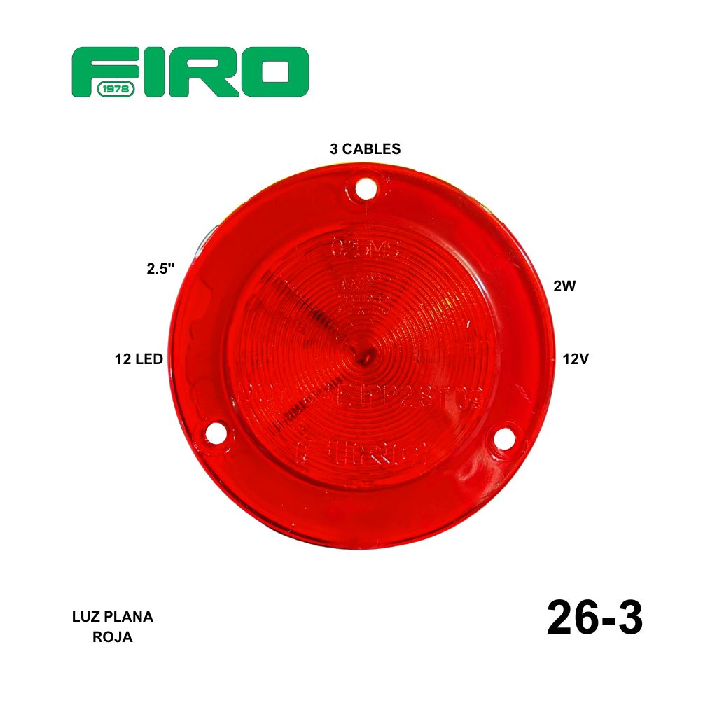 LUZ PLANA 2.5" 12V 2W 12 LED ROJO REDONDO 3 CABLES ALTA/BAJA =26MST