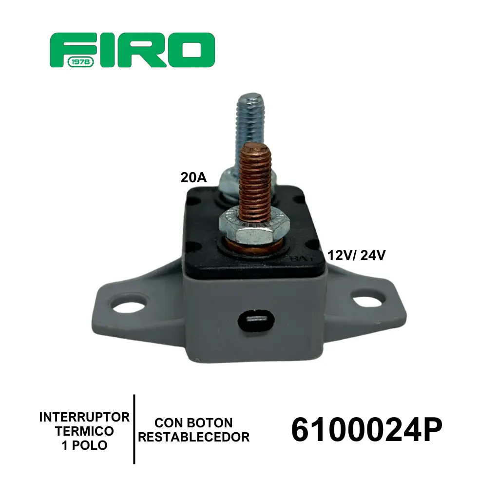 INTERRUPTOR TERMICO 12V/24V 20A CON BASE 2 TORNILLOS 1 POLO C/BOTON REESTABLECEDOR