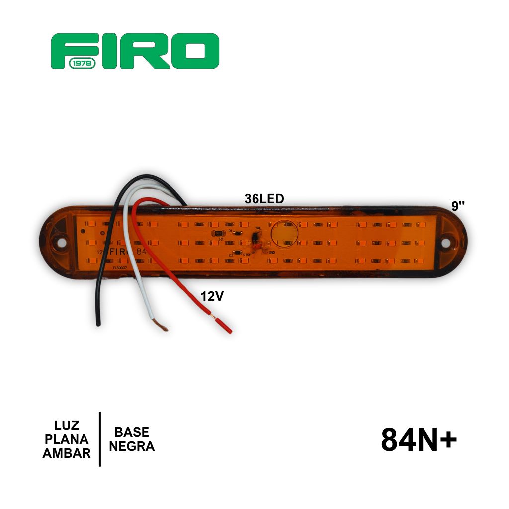 LUZ PLANA 9" 12V 36 LED AMBAR OVALADO BASE NEGRA =84+
