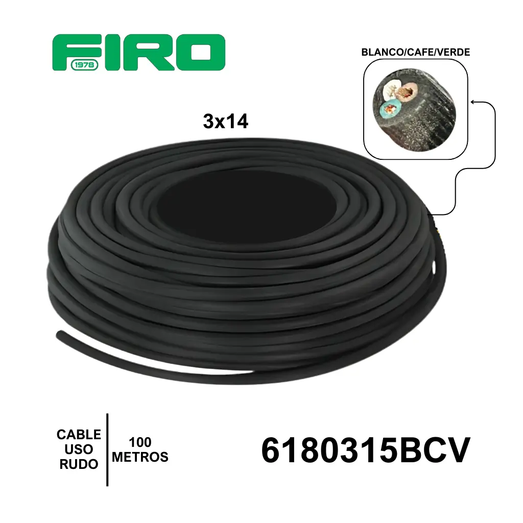 CABLE USO RUDO 3X14 POR (100) METROS ROLLO BLANCO CAFE VERDE