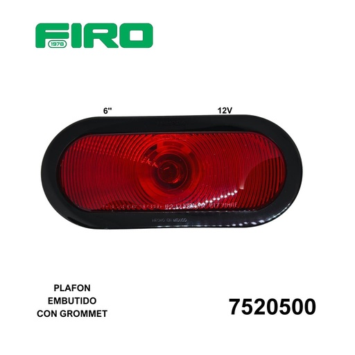 [7520500] PLAFON EMBUTIDO OVALADO 6" 12V ROJO C/GROMMET Y CONECTOR