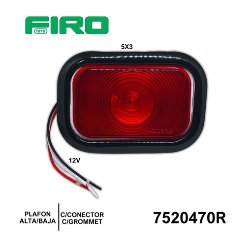 [7520470R] PLAFON CUADRADO ROJO 5X3 12V ALTA/BAJA C/GROMMET Y CONECTOR