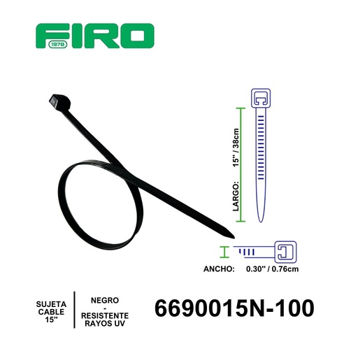 [6690015N-100] SUJETA CABLE 15" X .30" + GRUESO NYLON NEGRO RESISTE RAYOS V