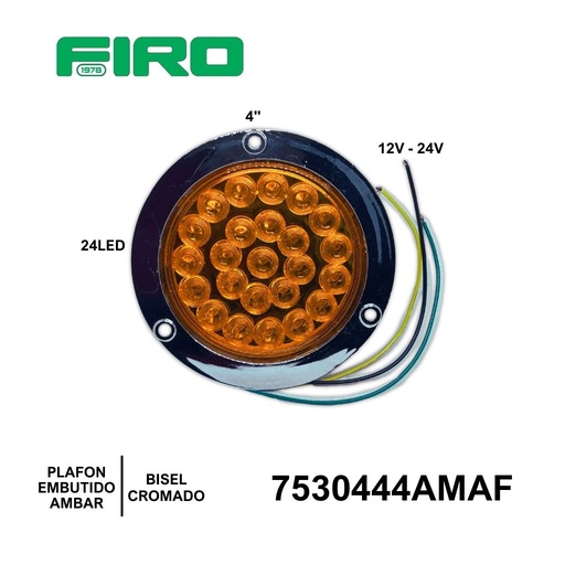 [7530444AMAF] PLAFON EMBUTIDO 4" AMBAR 12V. 24V 24 LED C/BISEL CROMADO*****