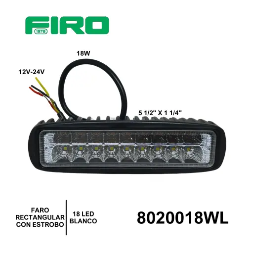 [8020018WL] FARO RECTANGULAR 5 1/2"X1 1/4" 12V/24V 18W 18 LED BLANCO + ESTROBO