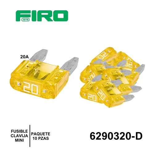 [6290320-D] FUSIBLE CLAVIJA MINIATURA 20A AMARILLO 10 PIEZAS =6290321