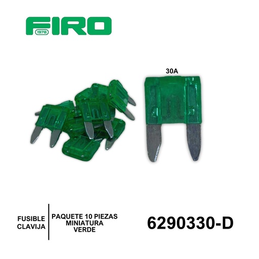 [6290330-D] FUSIBLE CLAVIJA MINIATURA 30A VERDE 10 PIEZAS =6290331