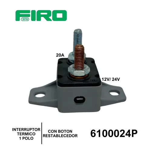 [6100024P] INTERRUPTOR TERMICO 12V/24V 20A CON BASE 2 TORNILLOS 1 POLO C/BOTON REESTABLECEDOR