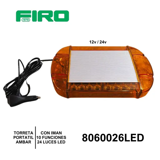 [8060026LED] TORRETA AMBAR 12V  24W 10 FUNCIONES PORTATIL 24 LED