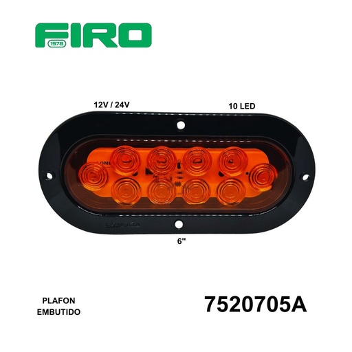 [7520705A] PLAFON EMBUTIDO OVALADO 6" 12V-24v AMBAR 10 LED C/C