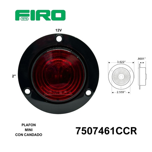 [7507461CCR] PLAFON REDONDO 2" ROJO 12V. EMBUTIDO MINI CON CANDADO