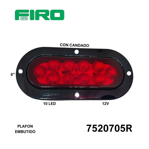 [7520705R] PLAFON EMBUTIDO OVALADO 6" 12V ROJO 10 LED CON CANDADO