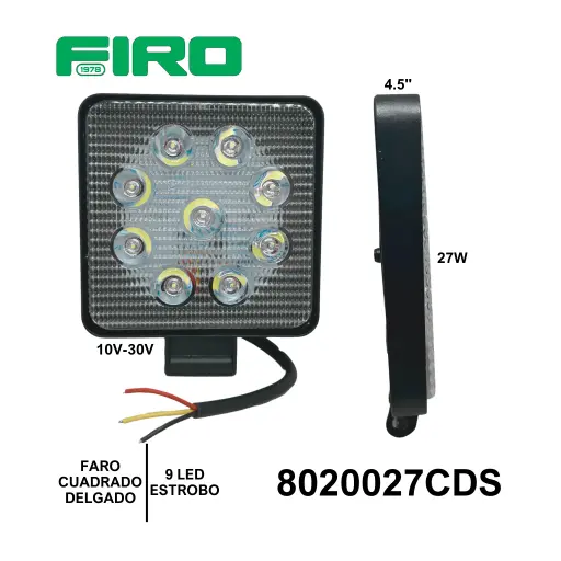 [8020027CDS] FARO CUAD. 4.5" 10V-30V 27W 9 LED BCO 30 ESTROBO DELGAD
