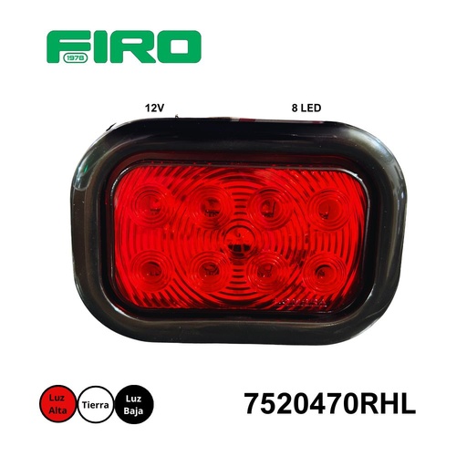 [7520470RHL] PLAFON CUADRADO ROJO 5X3 12V ALTA/BAJA CANDADO 8 LED