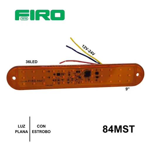 [84MST] LUZ PLANA 9" 12V/24V 36 LED AMBAR OVALADO C/ESTROBO MULTIVOLTAJE