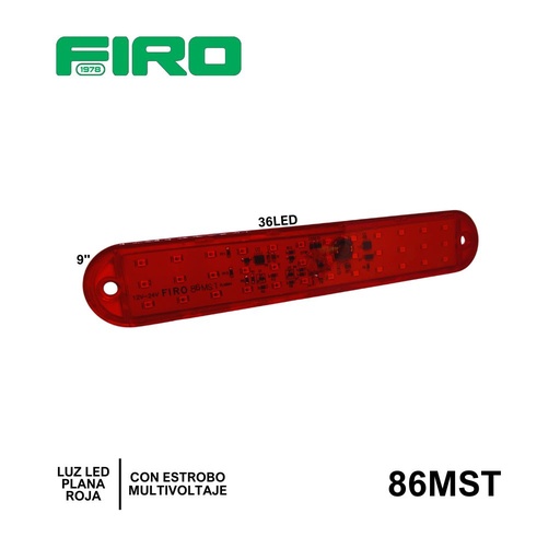 [86MST] LUZ PLANA 9" 12V/24V 36 LED ROJO OVALADO C/ESTROBO MULTIVOLTAJE