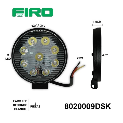 [8020009DSK] FARO REDONDO 4.5" 12V/24V 27W PAR 2 PZS SLIM 9 LED BLANCO + ESTROBO