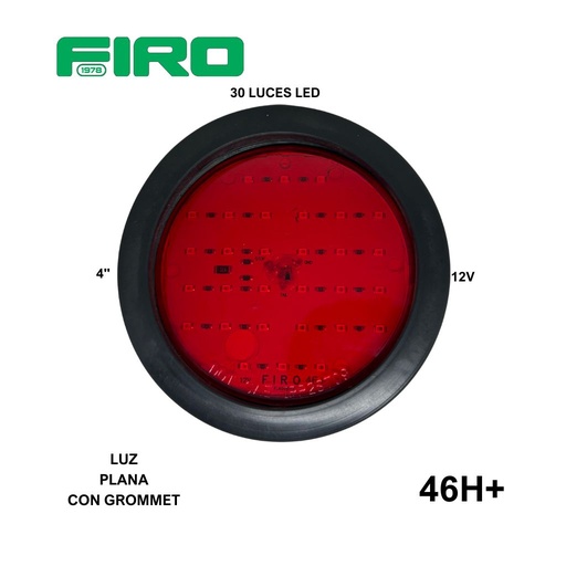 [46H+] LUZ PLANA 4" 30 LED ROJOS REDONDO HULE GROMET 12V