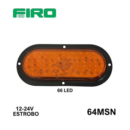 [64MSN] LUZ PLANA 6"  66 LED OVAL ESTROBO  MULVOLTAJE AMBAR BASE NEGRO