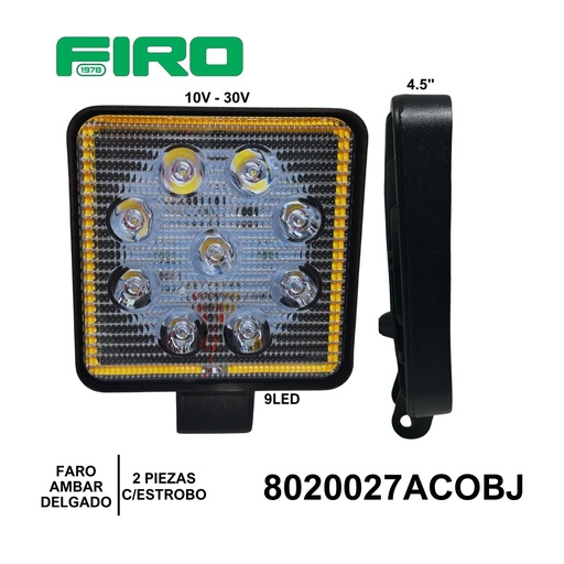 [8020027ACOBJ] FARO JGO CUAD AMBAR 4.5" 10V-30V 9 LED  DELGADO STROBO CON COB