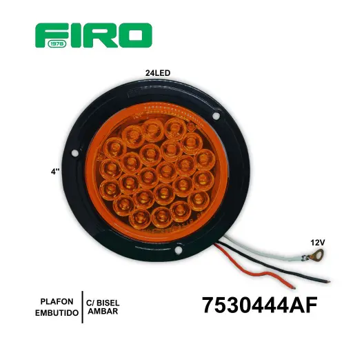 [7530444AF] PLAFON EMBUTIDO 4" AMBAR 12V 24 LED C/BISEL REDONDO=4444A 