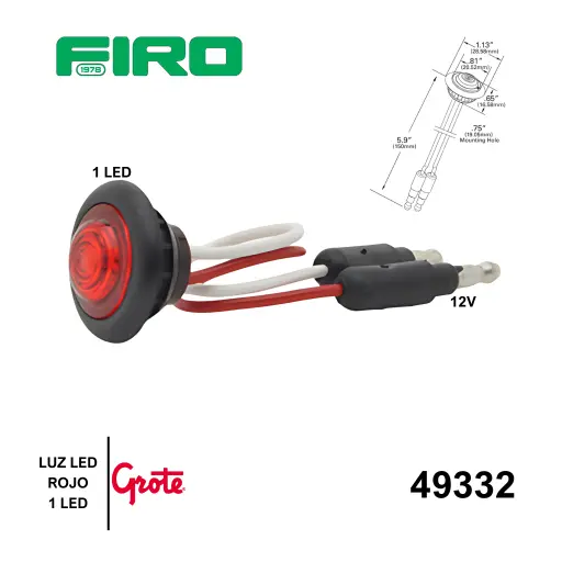 [49332] LUZ LED 3/4" ROJO 12V 1 LED EMBUTIDO HULE T GROTE 49332G