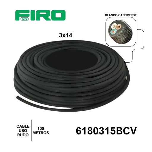 [6180315BCV] CABLE USO RUDO 3X14 POR (100) METROS ROLLO BLANCO CAFE VERDE